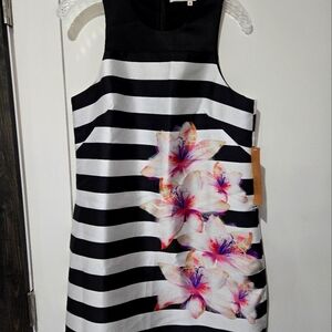 RACHAEL Rachael Roy Sleeveless Dress Black White with Orchid like Flower NWT